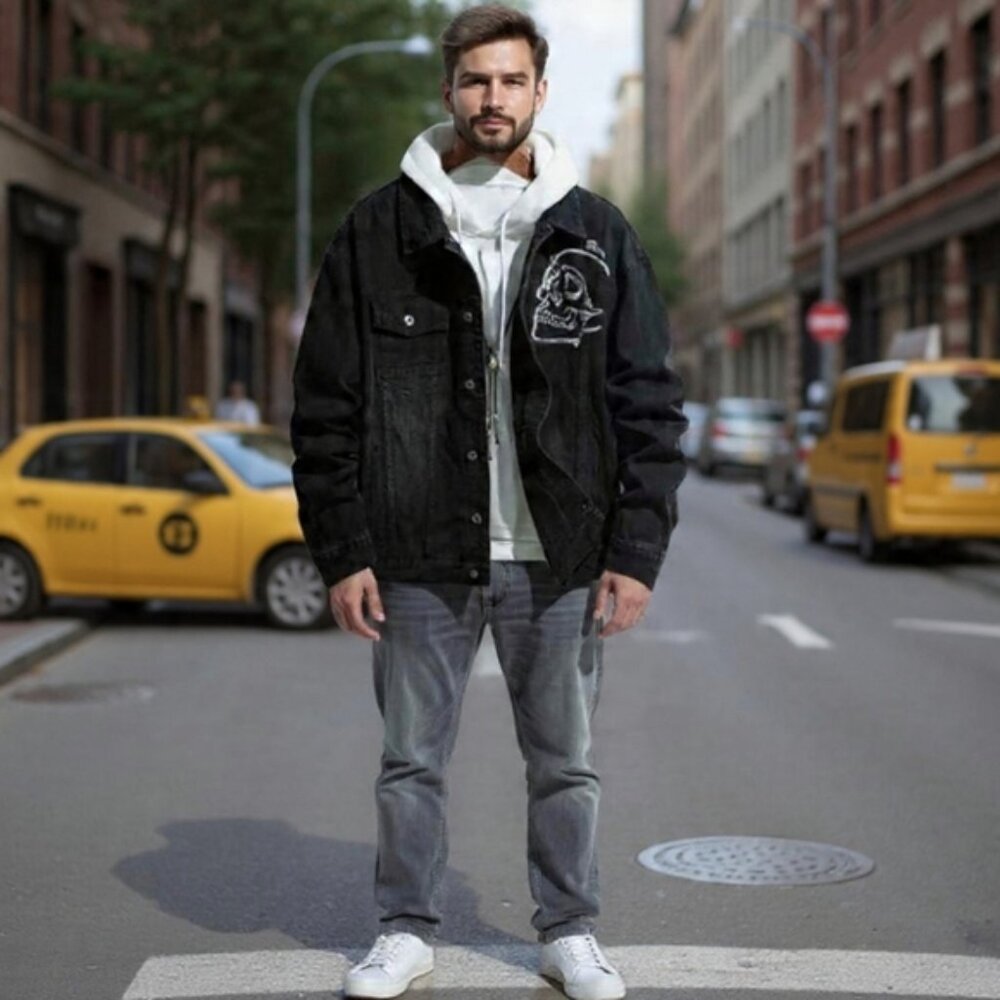 M💀 Embroidery Denim Jacket Biker Rock Skull ➡️Hoodie is not included
